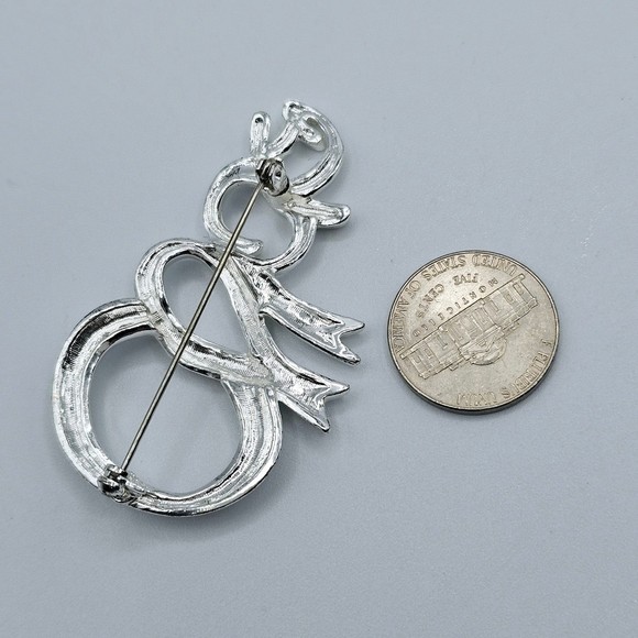 Snowman Brooch Vintage Silver Tone Ribbon Winter Christmas Holiday Statement Pin - Picture 4 of 6